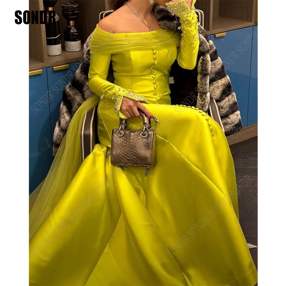 Top Trends: SONDR 2023 Green Button Beads Evening Party Dresses Arabic Full Sleeves Off Shoulder Prom Dress Formal Gowns Dress Vetidos Shoppable Styles