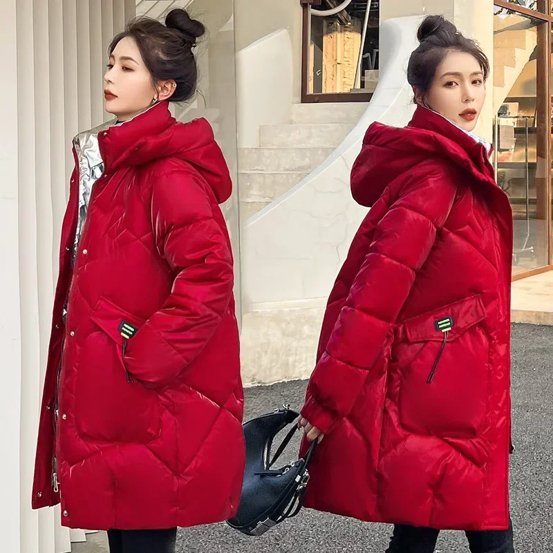 Top Trends: Female Large Size Hooded Long Parkas Down Cotton Coat Womens Bright Face Wash Free 2024 Winter New Korean Loose Padded Jacket Shoppable Styles - Image 3