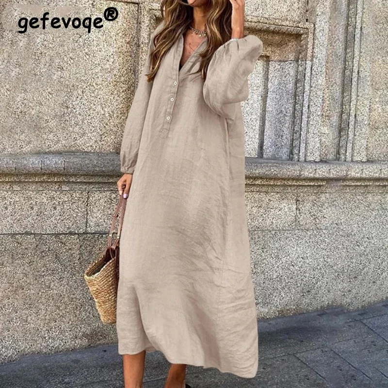 Top Trends: Women Vintage Oversized Streetwear Cotton Linen Shirt Dresses For Women 2023 Spring Autumn Trendy V Neck Long Sleeve Maxi Dress Shoppable Styles