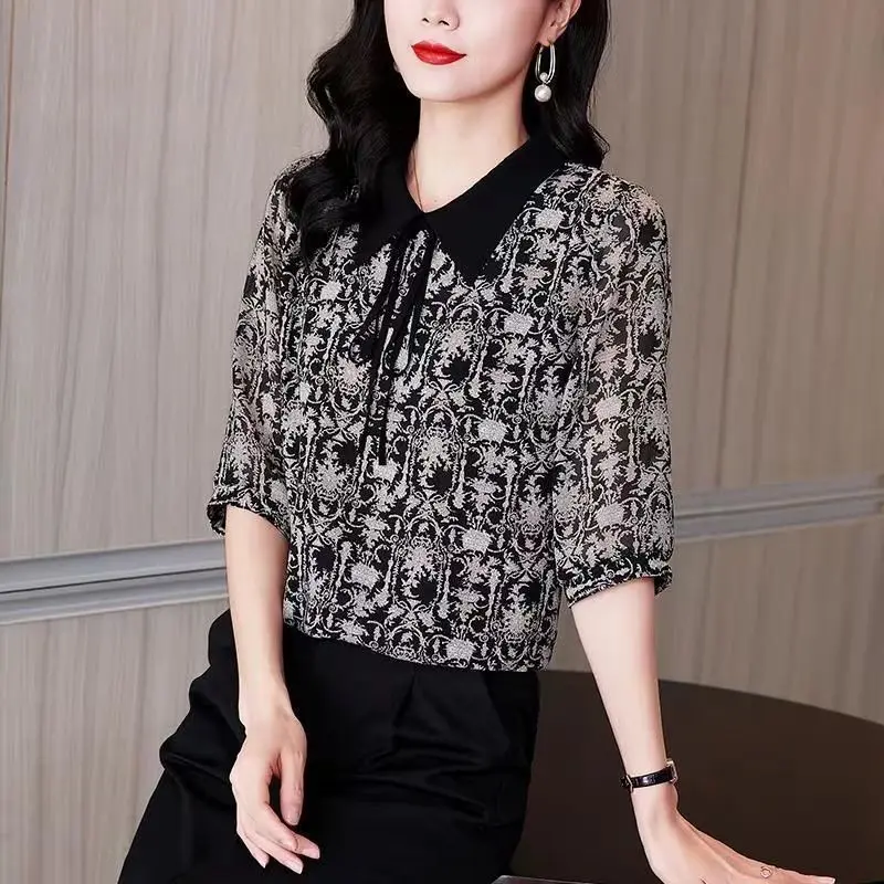 Top Trends: Vintage Printed Lapel Lace Up Bow Oversized Chiffon Shirt 2022 Summer Casual Tops Loose Elegant Women&#039;s Clothing Commute Blouse Shoppable Styles