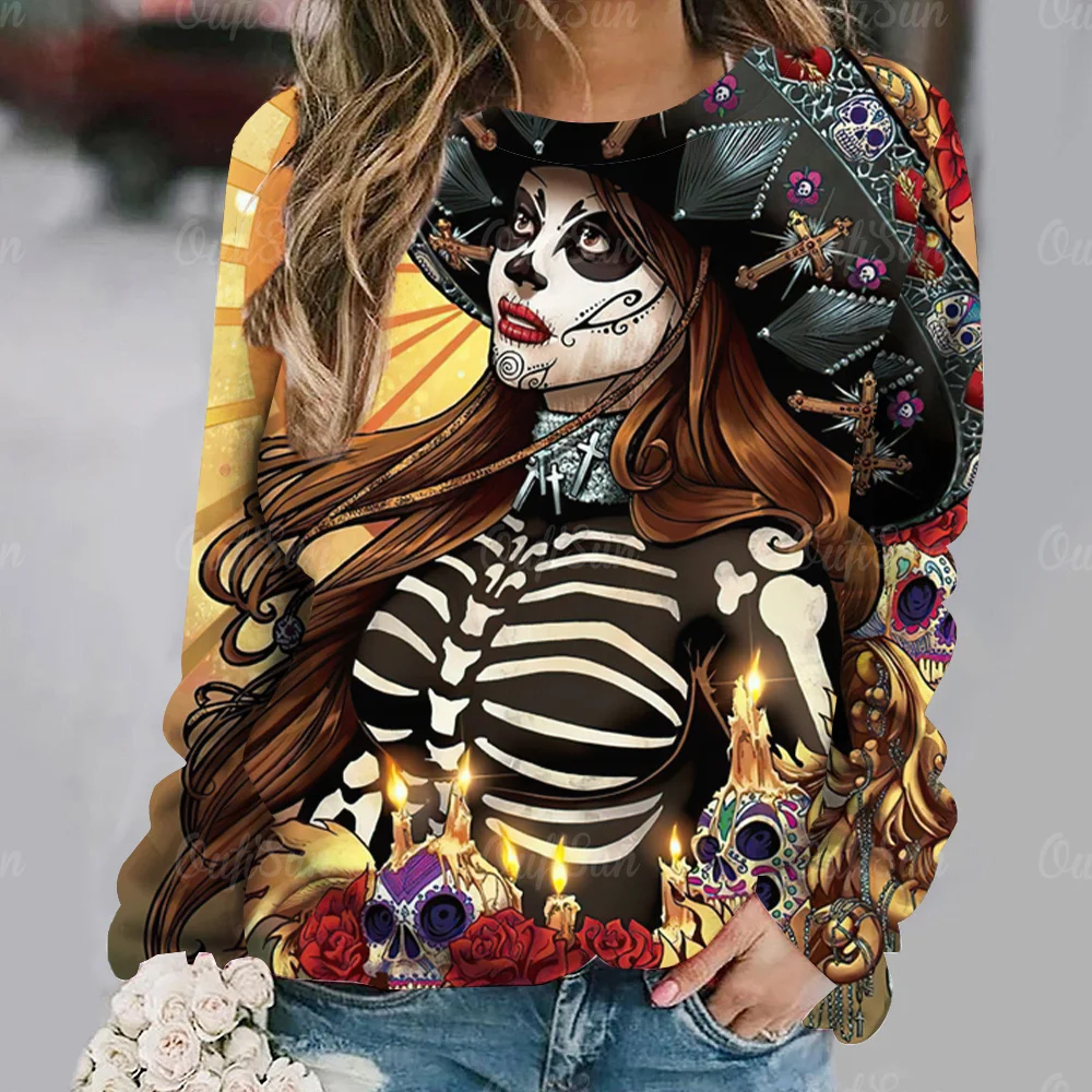 Top Trends: 2023 Vintage Skull Face Women's Long Sleeve Top V Neck Casual T-Shirts Pullover Autumn Clothing Female Festival Punk Streetwear Shoppable Styles