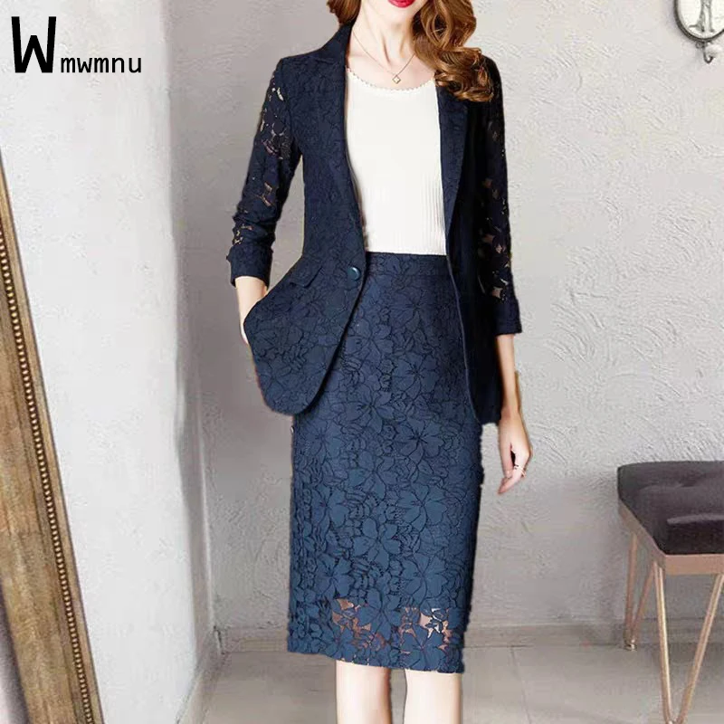 Top Trends: Lace Hollow Out Blazer Suits Women Slim 2 Piece Sets Oversized Korean Elegant Office Suit Coats And Knee-Length Skirts Outfits Shoppable Styles