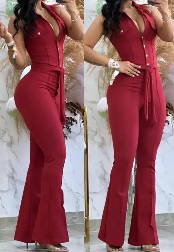 Top Trends: Jumpsuit Women 2023 Summer Fashion Turn Down Collar Sleeveless Sexy Plain Tied Detail Skinny Long Flared Jumpsuit Y2K Streetwear Shoppable Styles