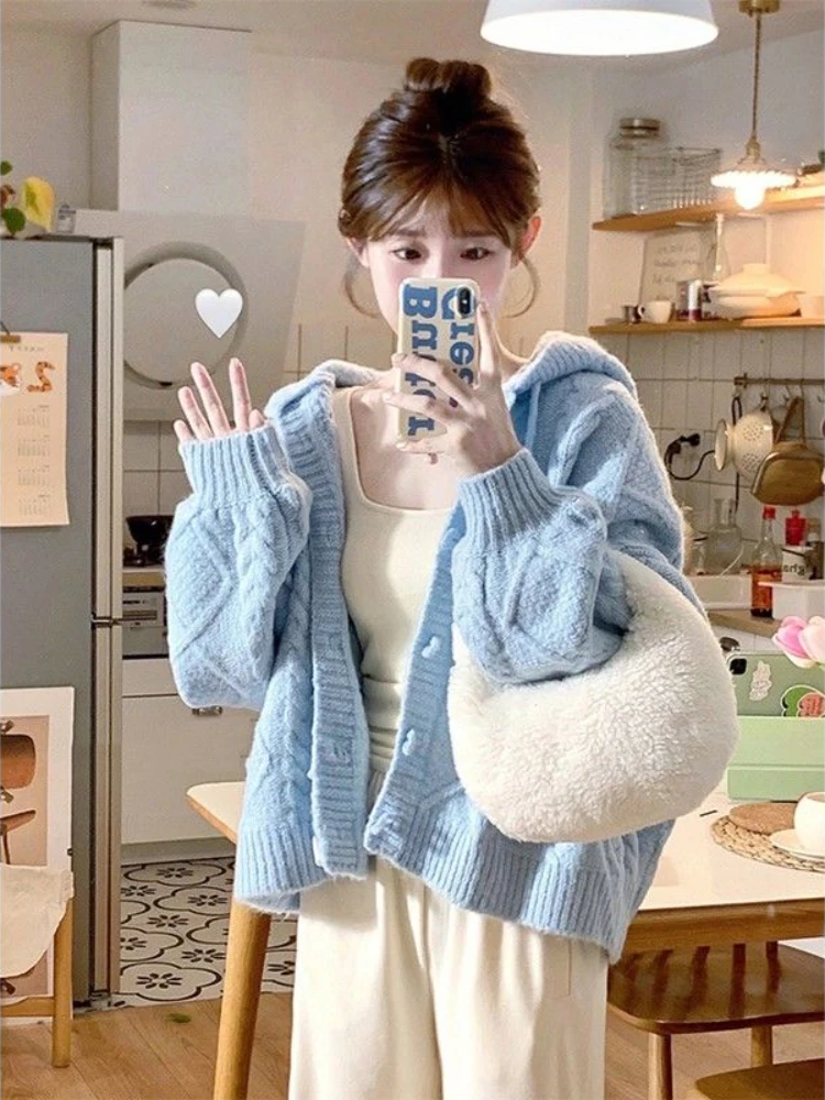 Top Trends: Deeptown Harajuku Blue Knitted Cardigan Women Vintage Hooded Cropped Sweater Sweet Loose Casual Knitwear Y2K Tops Korean Fashion Shoppable Styles