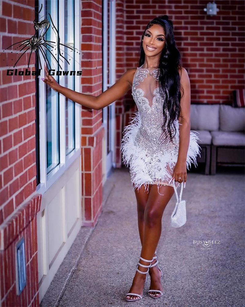 Top Trends: White Feathers Short Prom Dress For Black Girls Beaded Crystal Birthday Party Dresses Mermaid Mini Abiti Da Cocktail Homecoming Shoppable Styles