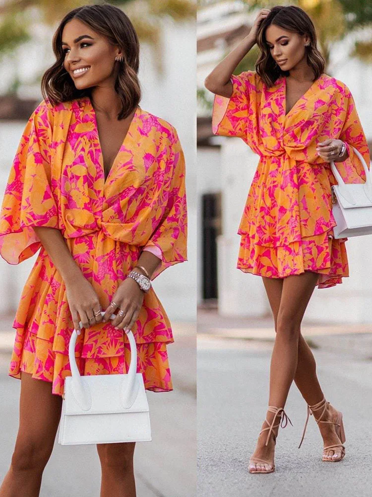 Top Trends: Women Sexy V Neck Mini Dresses Summer Boho Casual Floral Print Batwing Sleeve Dresses Female Ruffle Beach Party Dress Vestidos Shoppable Styles - Image 6