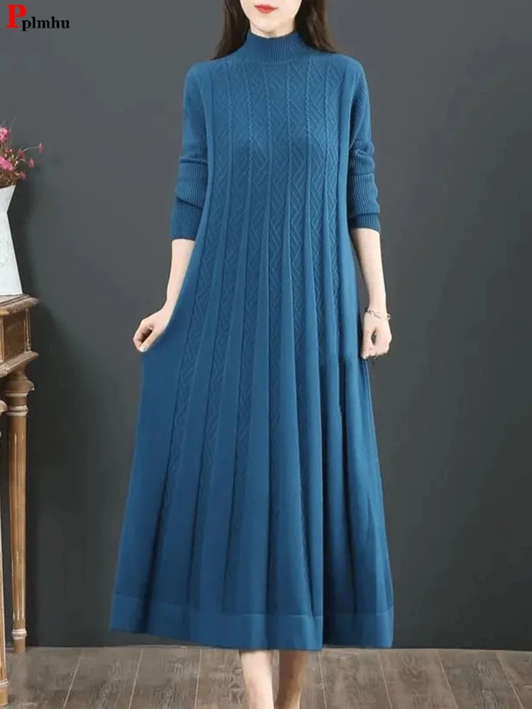 Top Trends: Fall Winter Long Pullovers Half High Collar Solid Color Sweater Elegant Soft Korean Knitwears Dress Warm Loose Woman Pull Femme Shoppable Styles