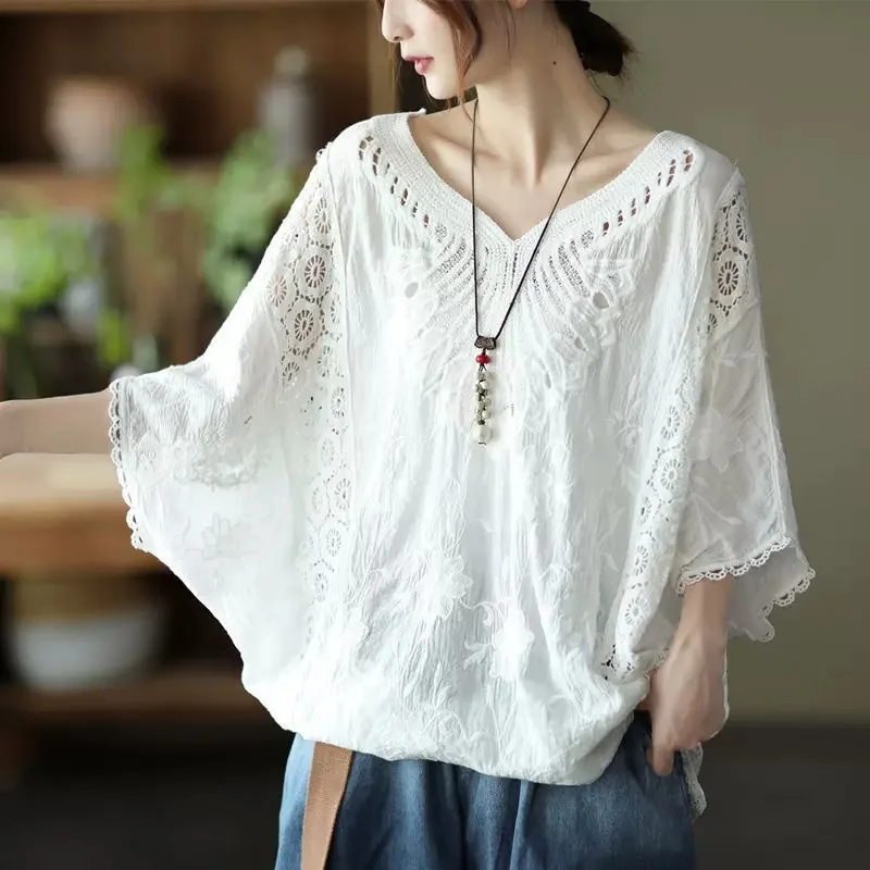 Top Trends: Summer Women's Cotton Hollowed Out Lace Embroidery V-neck Half Sleeved T-shirt Loose Oversized Sun Protection Overlay Tops Shoppable Styles - Image 4