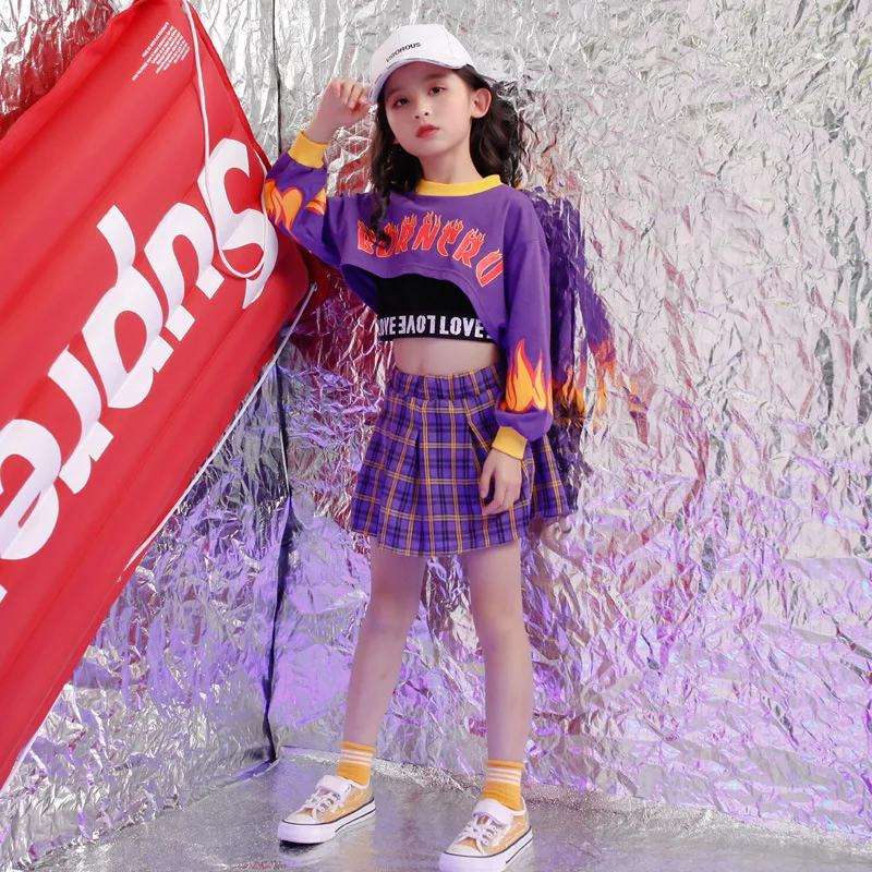 Top Trends: Girls Hip Hop Crop Sweatshirt Plaid Mini Skirt Clothing Sets Kids Purple Outfit Child Jazz Street Dance Teen Costumes Streetwear Shoppable Styles - Image 6