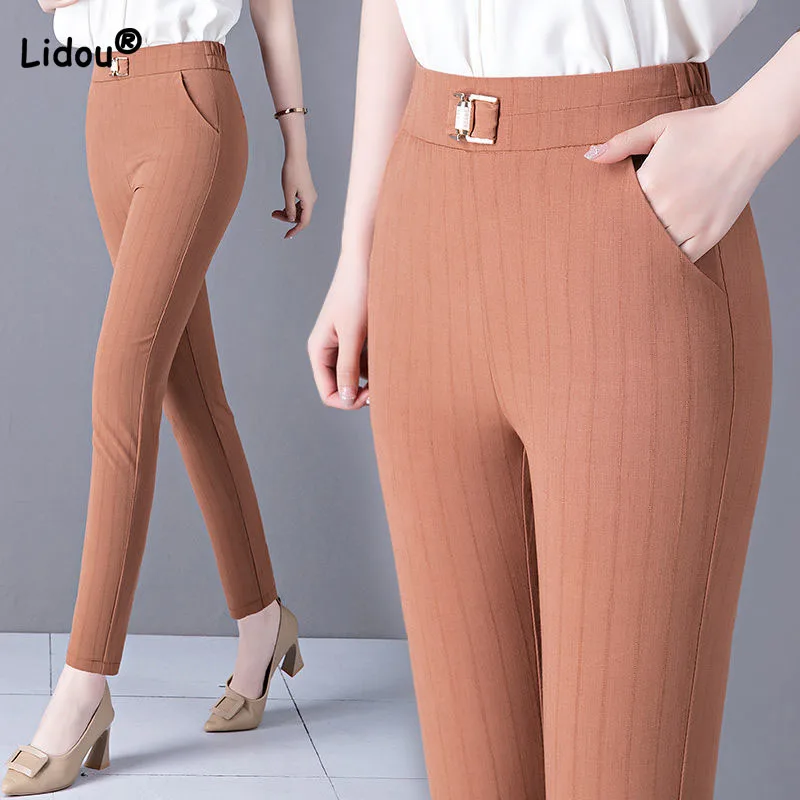 Top Trends: Fashion Straight Slim Solid Color Trouser Suits For Women Spring Summer New Office Lady Casual Simplicity Elastic Waist Pants Shoppable Styles