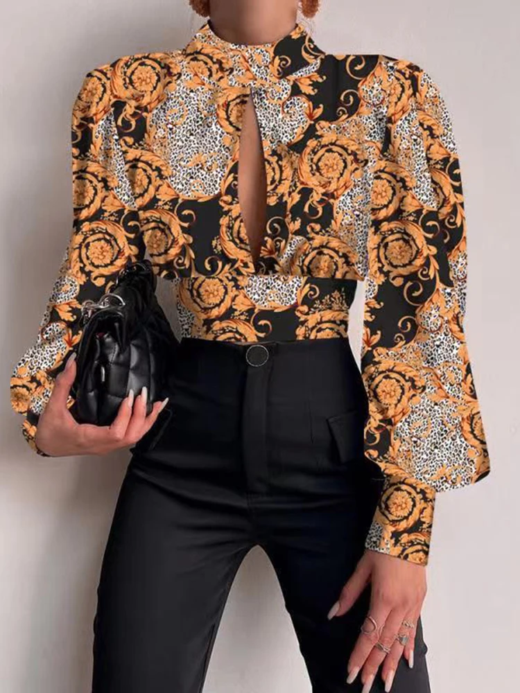 Top Trends: Women Sexy Backless Hollow Print Shirts Fashion Party Crop Top 2024 Spring Casual Stand Long Sleeve Office Lady Blouses And Top Shoppable Styles - Image 4