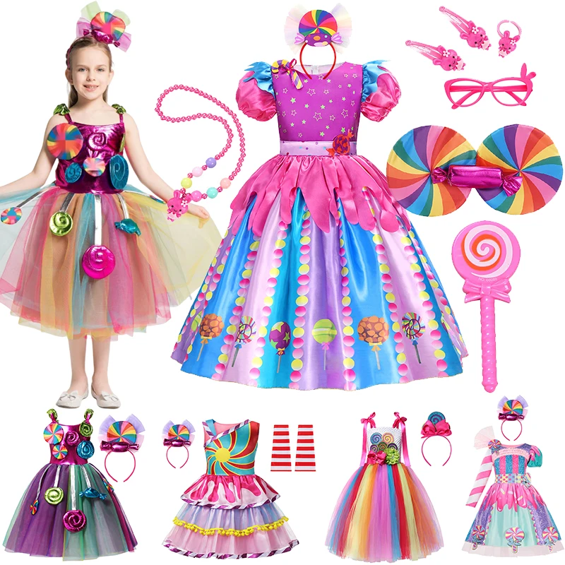 Top Trends: 2024 Purim Girl's Rainbow Candy Costume Kids Cosplay Lollipop Print Princess Dresses With Headband Birthday Party Clothes 2-10Y Shoppable Styles