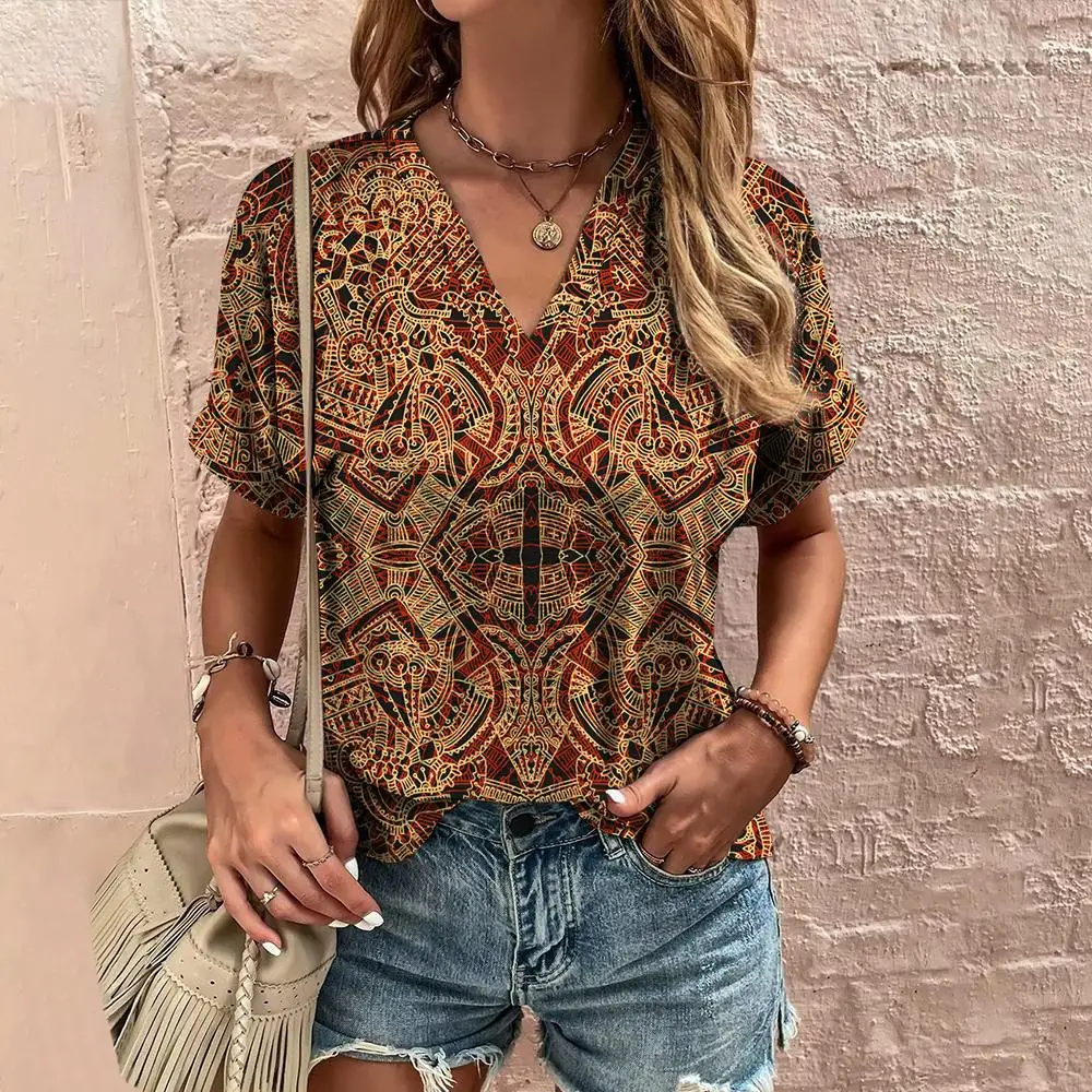 Top Trends: Retro Women's T Shirt Floral Print Summer Casual Ladies Clothes Short Sleeve Blouse V Neck Harajuku Clothing Female New Street Shoppable Styles