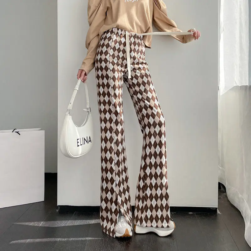 Top Trends: Korean Fashion Women Split Plaid Pants Spring Autumn New Vintage Slim High Waist Y2K Streetwear All-match Casual Flare Trousers Shoppable Styles