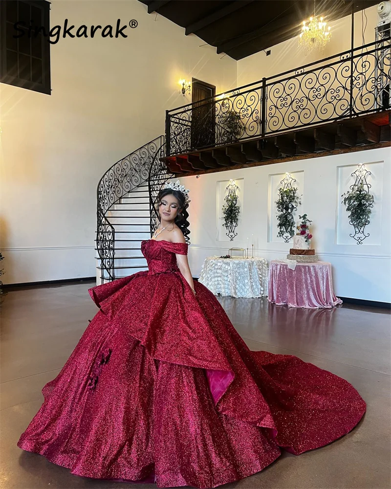 Top Trends: Sparkly Red Wine Princess Quinceanera Dress Off Shoulder Lace Flower Appliques Crystals Vestidos De 15 Años Corset Dress Shoppable Styles