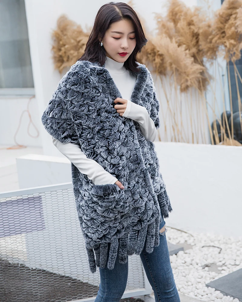 Top Trends: 190*36cm Winter Knitted Real Rex Rabbit Fur Scarf With Pocket Wide Women Natural Rabbit Fur Tassel Shawl Warm Long Fur Scarves Shoppable Styles - Image 2