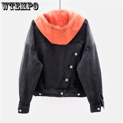 Top Trends: WTEMPO Women Spliced Hoodie Drawstring Long Sleeve Denim Coat Button Down Hoody Blue Black Jean Spring Autumn Outwear Shoppable Styles - Image 3