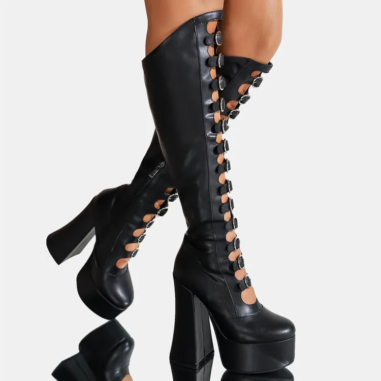 Top Trends: RIBETRINI Punk Gothic Chic Platform Knee High Boots For Women Buckle Blcok High Heels Cosplay Halloween Long Designer Shoes Shoppable Styles