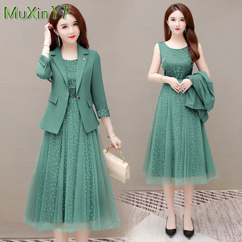 Top Trends: Women&#039;s Dress Set 2024 Spring Autumn New Fashion Suit Jacket Matching Set Korean Elegant Casual Blazers+ Mesh Long Skirt 2 Piec Shoppable Styles