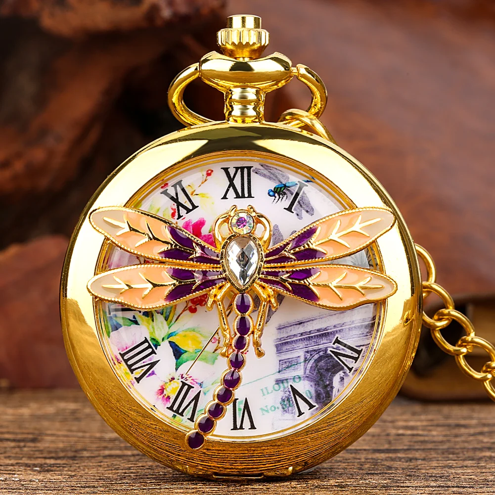 Top Trends: Charm Gold / Bronze Dragonfly / Butterfly Half Cover Quartz Pocket Watch Men Women Elegant Fob Chain Necklace Pendant Pocket Watch Shoppable Styles