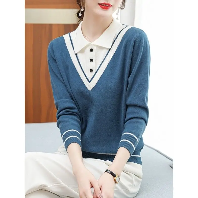 Top Trends: Spring And Autumn Women's Fashion Elegant Fake Two Piece Polo Neck Knit Loose Solid Color Pullover Casual Panel Sweater Tops Shoppable Styles - Image 2