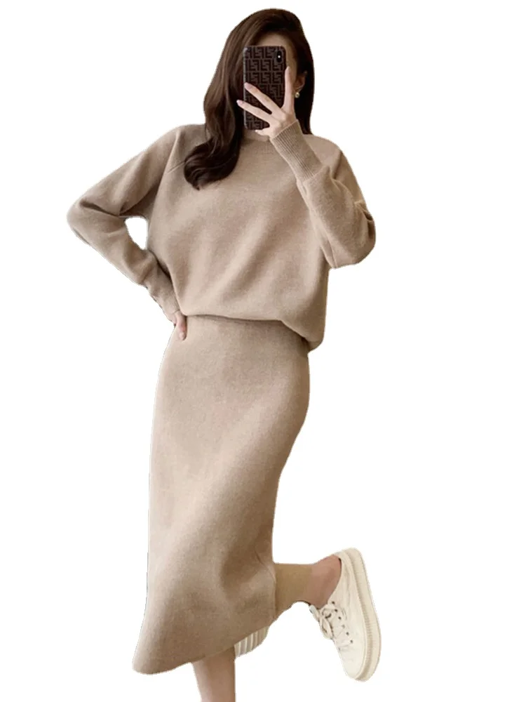 Top Trends: New Elegant Knitted Skirt Set Women Autumn Winter Long Sleeve Casual Loose Pullover Sweater + Slim Skirt Two Piece Sets Runway Shoppable Styles