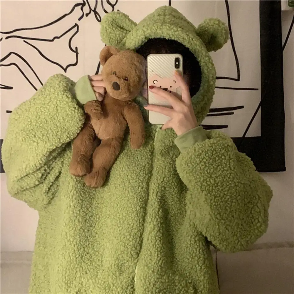 Top Trends: Autumn Winter Cute Bear Ears Hoodies Korean Fashion Women Lambs Wool Zipper Long Sleeve Kawaii Clothing Hoodies Korean Outerwear Shoppable Styles