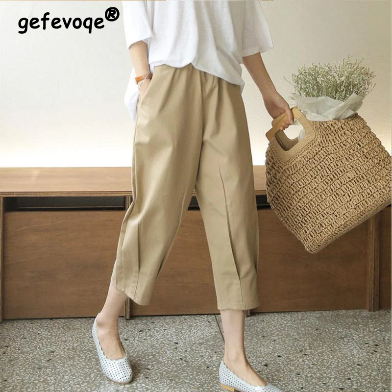 Top Trends: Summer New Elastic High Waist Loose Casual Harem Trousers Female Solid Color Calf Length All-match Cotton Pants Women&#039;s Clothing Shoppable Styles