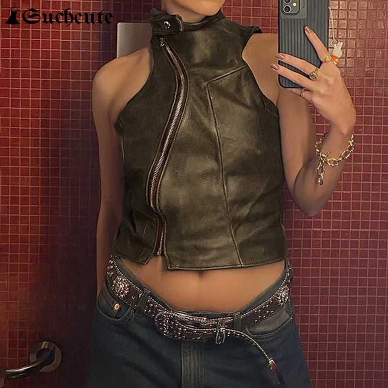 Top Trends: SUCHCUTE Leather Gothic Punk Brown Tank Top Women Sleeveless Zip Up Turtleneck Emo Grunge Vintage Summer Crop Top Slim Vest 2023 Shoppable Styles