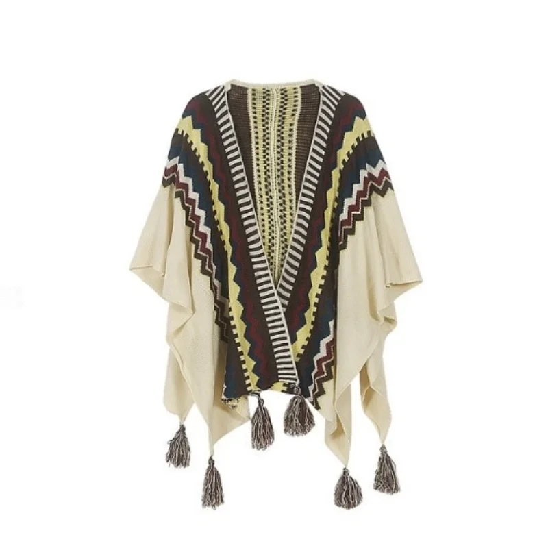 Top Trends: Ethnic Plaid Loose Cardigan With Tassel For Women, Boho Knitted Scarf, Vintage Oversized Capes, Autumn 2024 Shoppable Styles