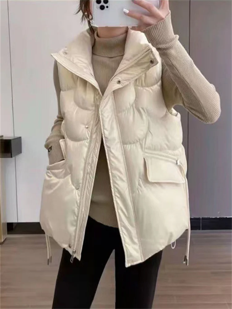 Top Trends: Short Loose Sleeveless Down Cotton Vest Women Beige Stand Collar Light Thin 2024 Spring New Chic Korean Autumn Outwear Waistcoat Shoppable Styles