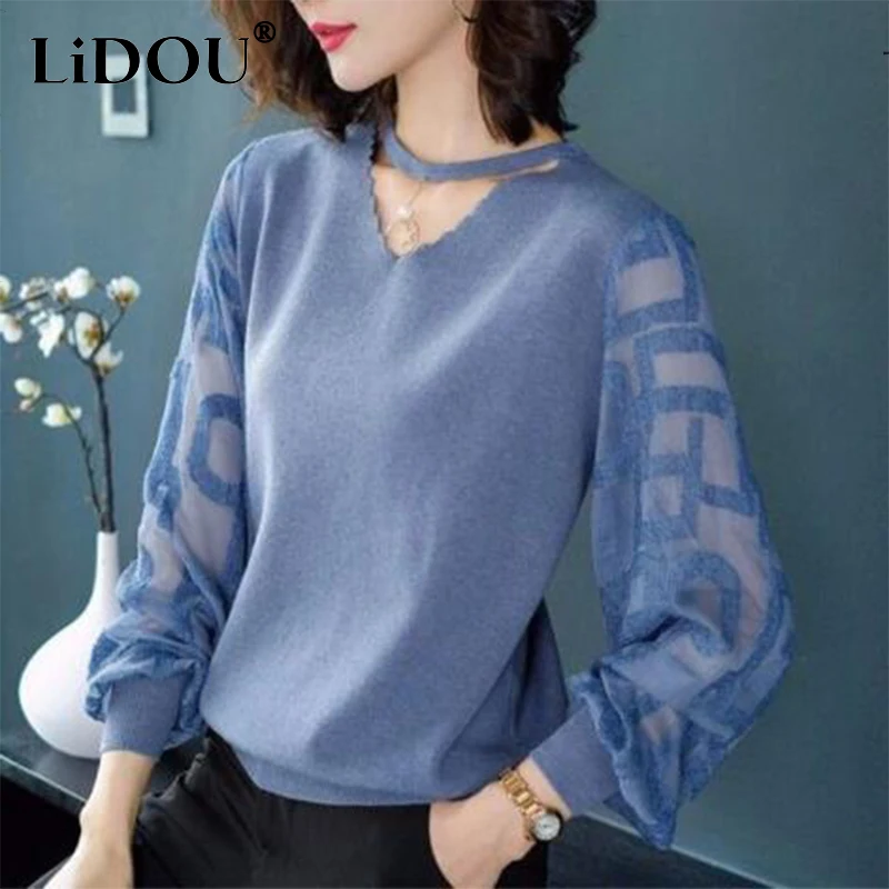 Top Trends: Spring Autumn New Fashion V-neck Lace Patchwork Loose Sweater Top Women All-match Knitting Pullover Casual Jumper Female Clothes Shoppable Styles