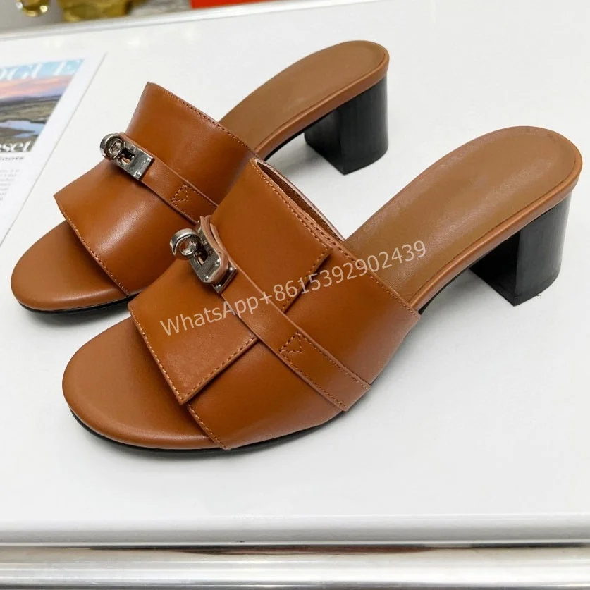 Top Trends: Leather Block Heel Sandal Women Brown Flip Square Thick Metal Lock Red Heels Black Open Light Sporty Slip Gladiator Concise Shoe Shoppable Styles - Image 6