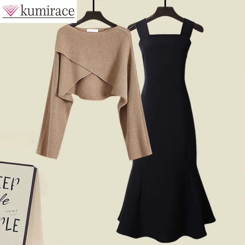 Top Trends: Autumn And Winter Set Women&#039;s 2023 New French Cross Knitted Sweater Fish Tail Dress Two Piece Set Winter Clothes Womendress Sets Shoppable Styles