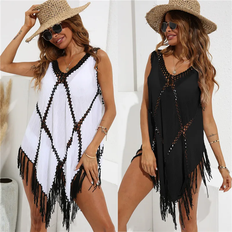 Top Trends: Beach Cover Ups For Women Fringe Tunic 2023 Capes Swim Cover Up White Black Tunics Woman Summer Dress Women&#039;s Swimwear Cover-ups Shoppable Styles