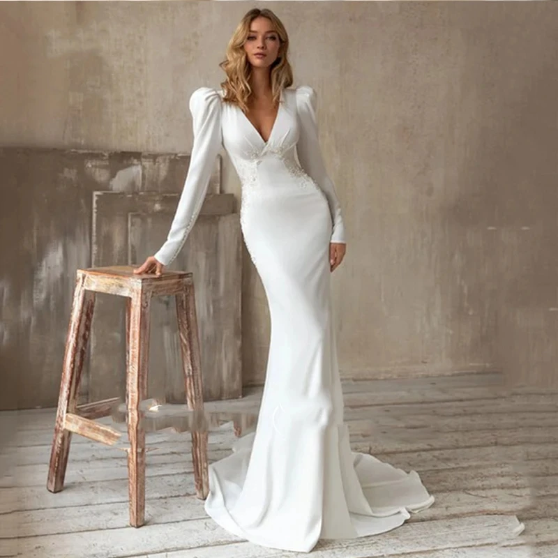 Top Trends: Elegant Wedding Dresses Sexy Deep V-Neck Bridal Gowns Long Puff Sleeves For Formal Party Satin Robes Luxury Vestidos De Novia Shoppable Styles