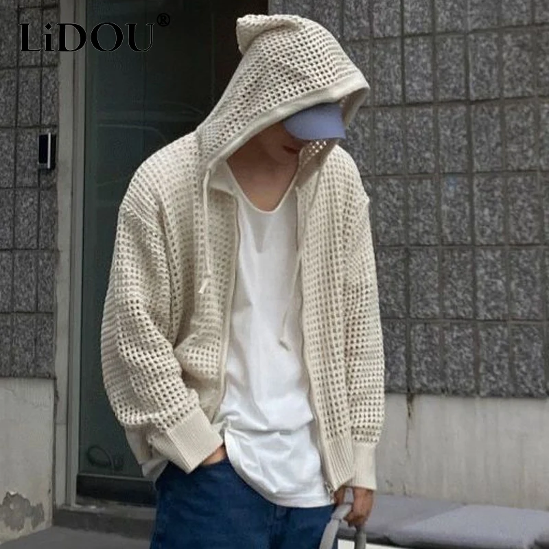 Top Trends: 2023 Spring Autumn New Fashion Hooded Solid Color Zipper Knitting Cardigan Men Loose Hollow Out Long Sleeve All-match Coat Shoppable Styles