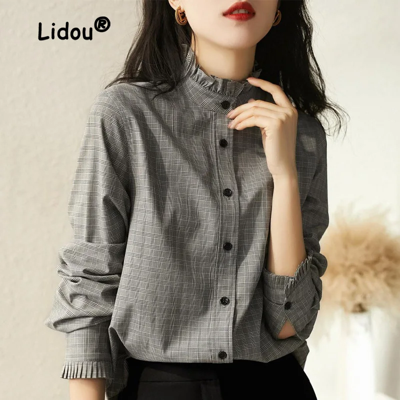 Top Trends: Vintage Hong Kong Style Stand Collar Plaid Single-breasted Blouse Women New Long Sleeve Fashion Office All-match Lady Shirt 2023 Shoppable Styles