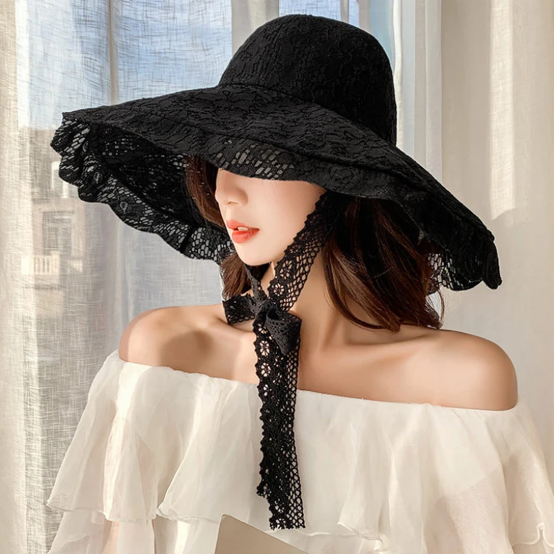 Top Trends: 2023 New Fashion Women Summer Hat Ladies Solid Lace Wide Brim Sun Hat Bucket Cap Female Elegant Packable Panama Beach Hat Shoppable Styles