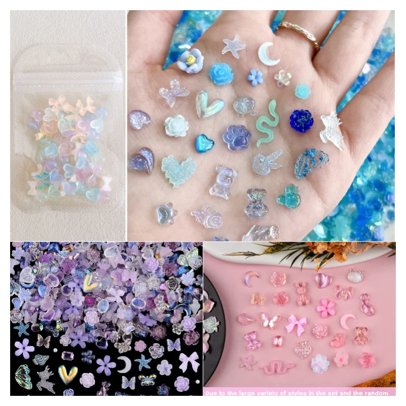 Top Trends: 50pcs Bulk Nail Charms Aurora Resin Rhinestones Nail Art Decorations Cute Bow Bear Lollipop Kawaii Accessories For Manicure DIY Shoppable Styles