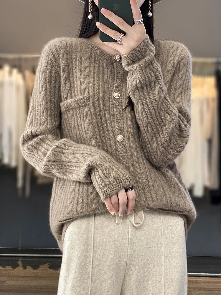 Top Trends: Women 100% Merino Wool Cardigan Sweater Spring Autumn O-neck Striped Cashmere Knitted Coat Korean Fashion Female Clothes Top Shoppable Styles