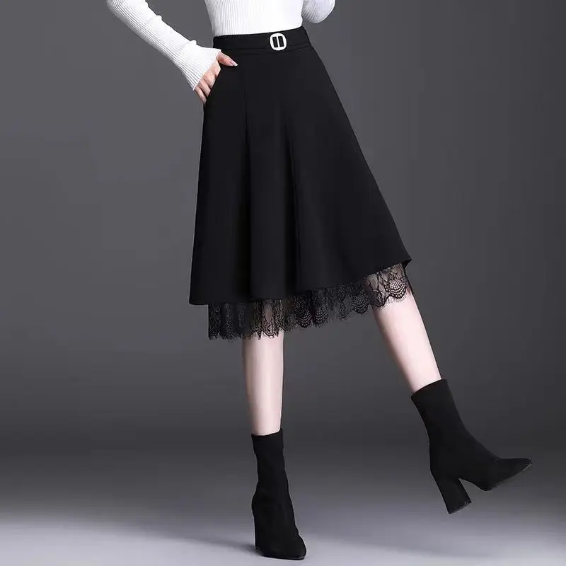 Top Trends: Fashion Elastic Waist Spliced Folds Lace High Waist Skirt Women&#039;s Clothing 2024 Spring New Loose Solid Color Office Lady Skirts Shoppable Styles