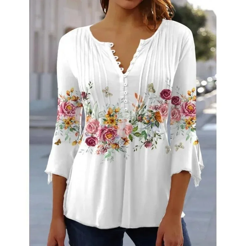 Top Trends: 2023 Autumn And Winter New Women Long Sleeve T-Shirt V-Neck Loose Blouse Flower Print Casual Shirt Female Comfortable Top S-5XL Shoppable Styles - Image 2