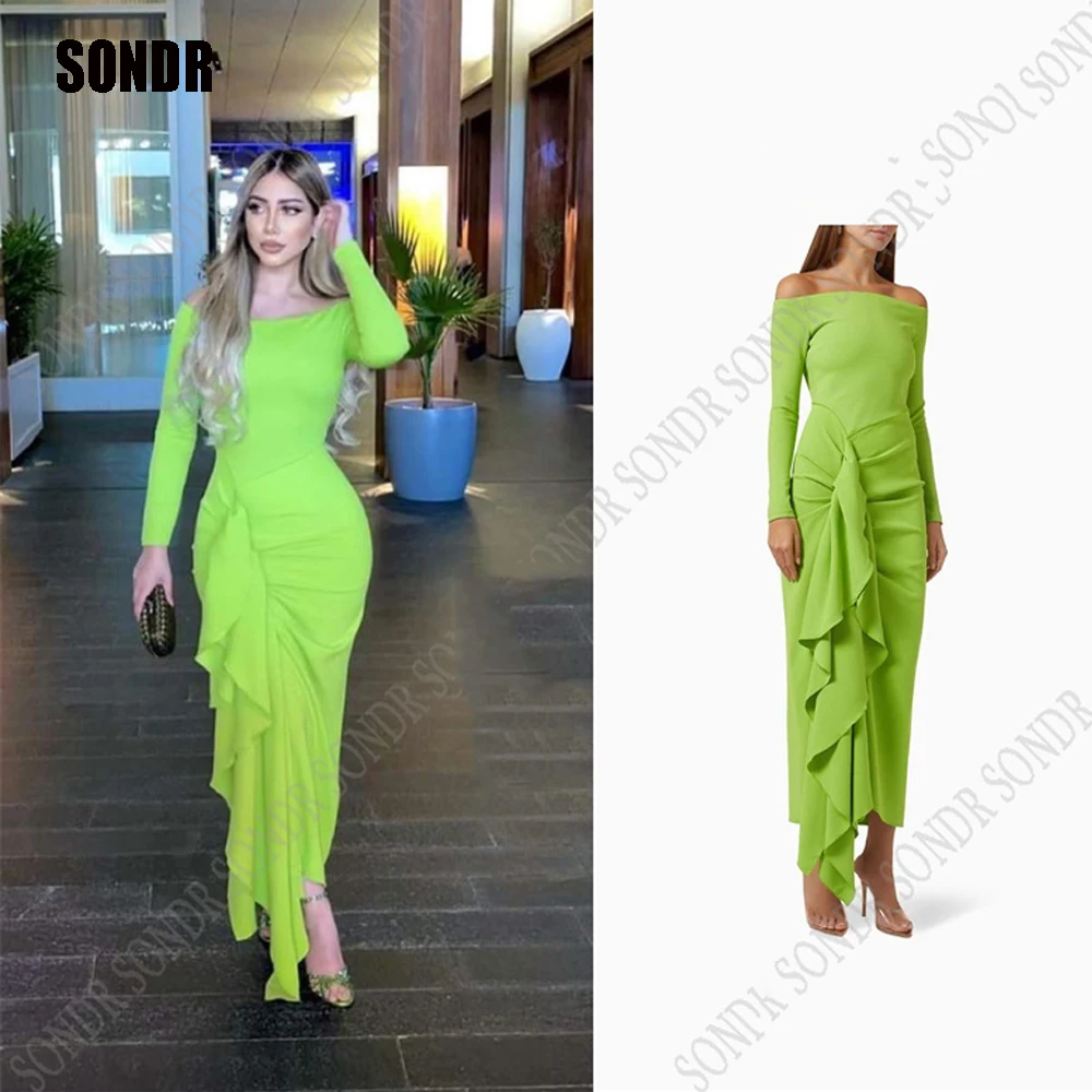 Top Trends: SONDR Fashion Green O Neck Full Sleeve A Line Pleat Prom Dress Tea Length Custom Tiered Short Elegant Formal Evening Gown New Shoppable Styles