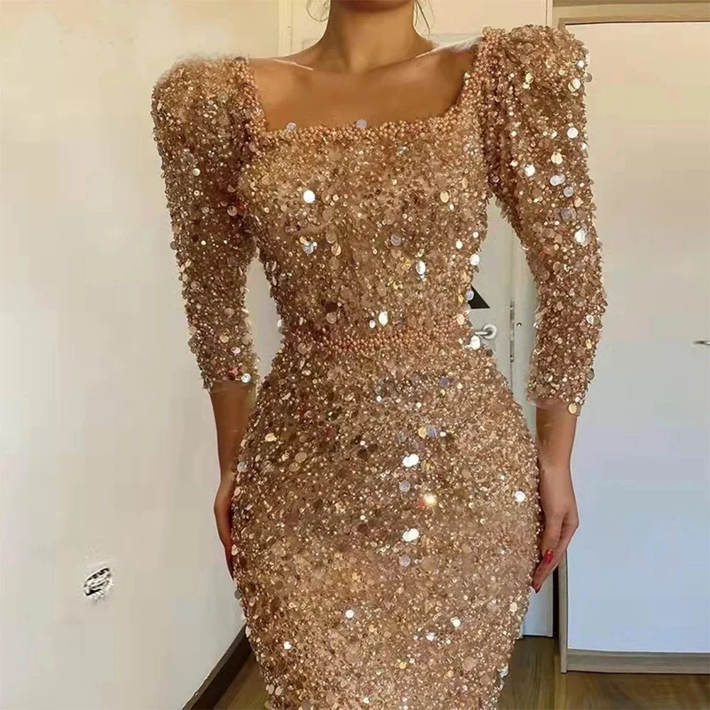 Top Trends: 2023 Champagne Evening Dresses Long Sleeve Sequins Mermaid Square Neck Prom Dresses Fashion Celebrity Formal فساتين السهرة Shoppable Styles