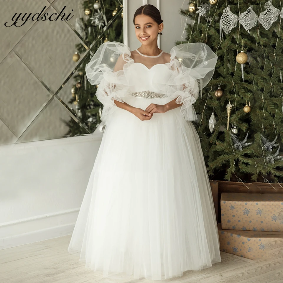 Top Trends: Puffy Long Sleeves Flower Girl Dresses For Wedding With Jewelry Belt 2023 A-Line Princess Birthday Party First Communion Gowns Shoppable Styles