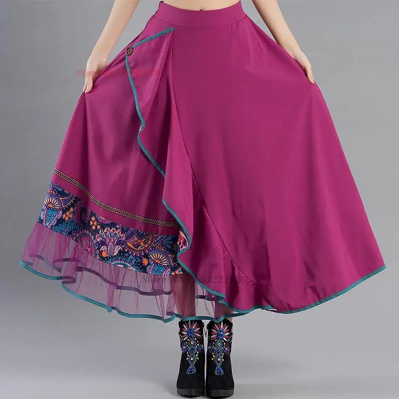 Top Trends: 2024 Chinese Harajuku Women Long Skirt Flower Print Elastic Waist Ethnic Skirt Elegant Folk Dance Suit National A-line Skirt Shoppable Styles