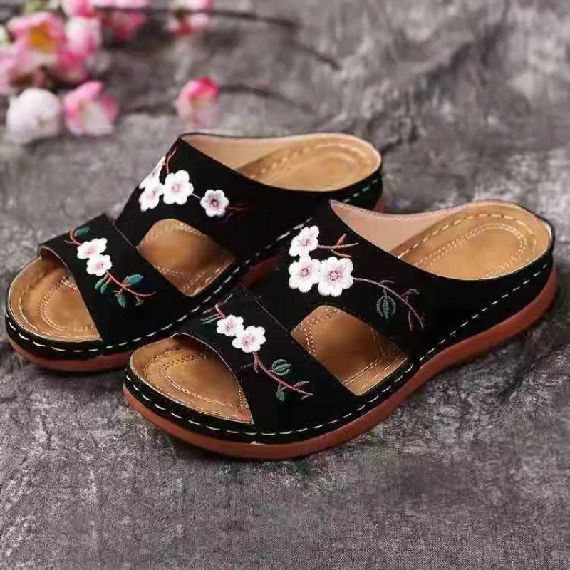 Top Trends: Women Slippers Embroider Flowers Leather Woman Sandals 2023 Outdoor Light Casual Wedges Slippers Slip On Summer Shoes For Women Shoppable Styles