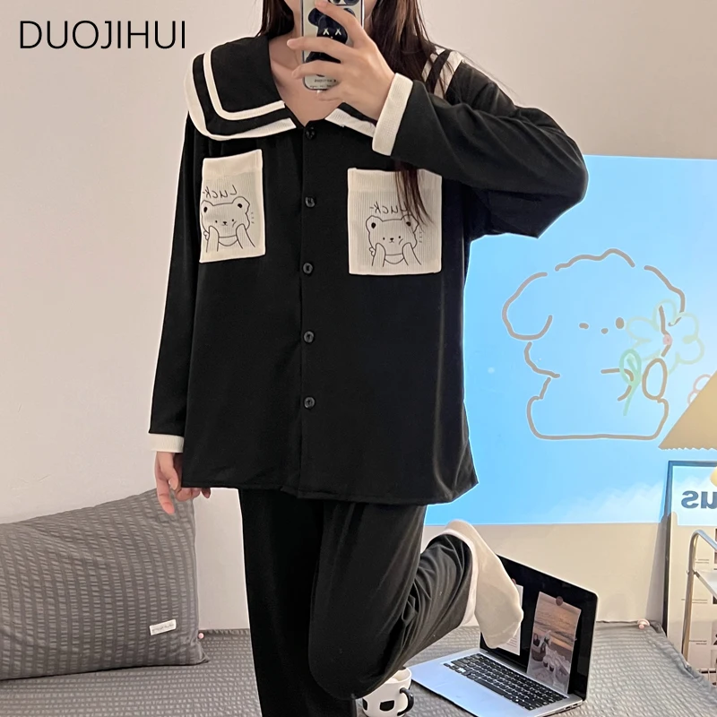 Top Trends: DUOJIHUI Ins New Sweet Single Breasted Cardigan Female Sleepwear Basic Simple Pant Fashion Two Piece Autumn Casual Women Pajamas Shoppable Styles - Image 3