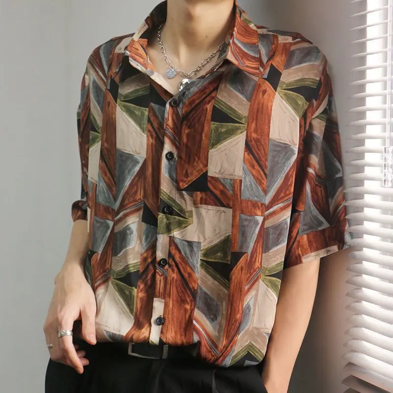 Top Trends: Thin Summer Streetwear Printing Fashion Casual Man Vintage Korean Loose Shirts Handsome Button Short Sleeve Men's Clothing 2023 Shoppable Styles